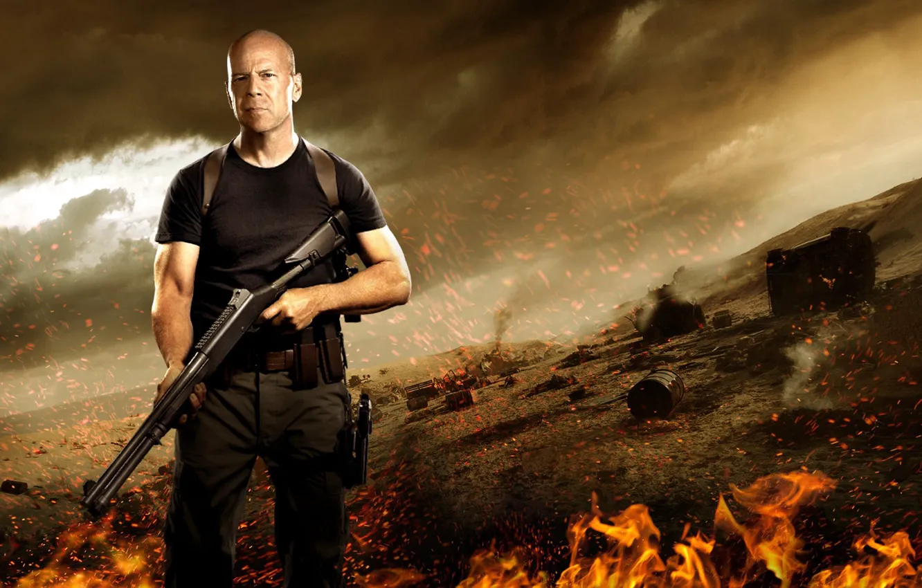 Photo wallpaper cinema, fire, flame, gun, pistol, Bruce Willis, weapon, man
