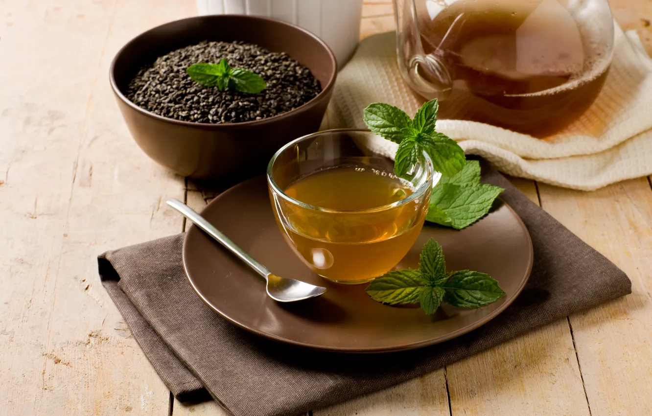 Photo wallpaper tea, Cup, mint, teapot
