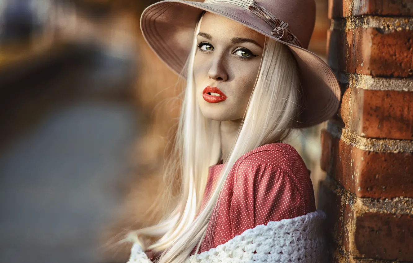 Photo wallpaper look, girl, wall, brick, hat, makeup, blonde