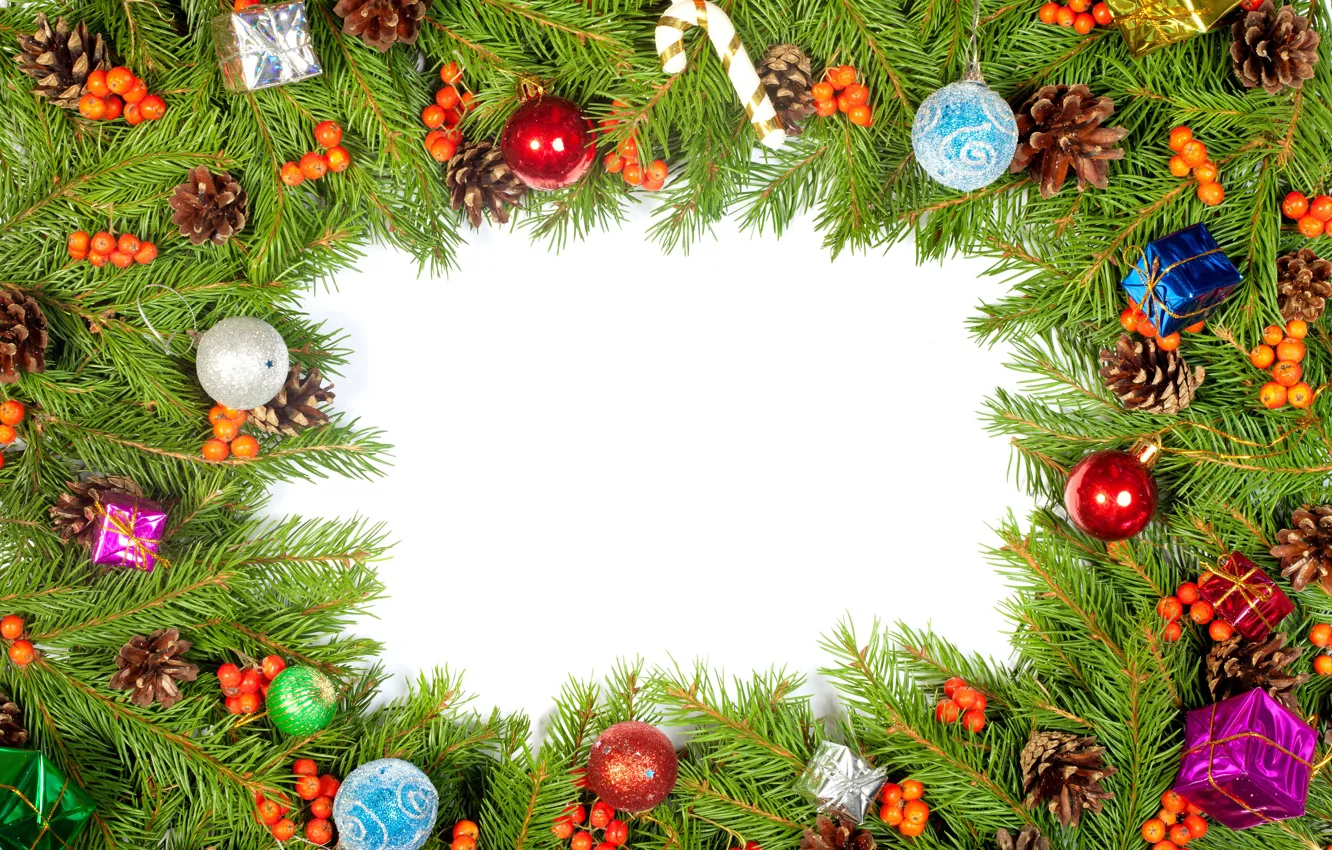 Photo wallpaper decoration, berries, tree, bumps, Christmas decorations, boxes