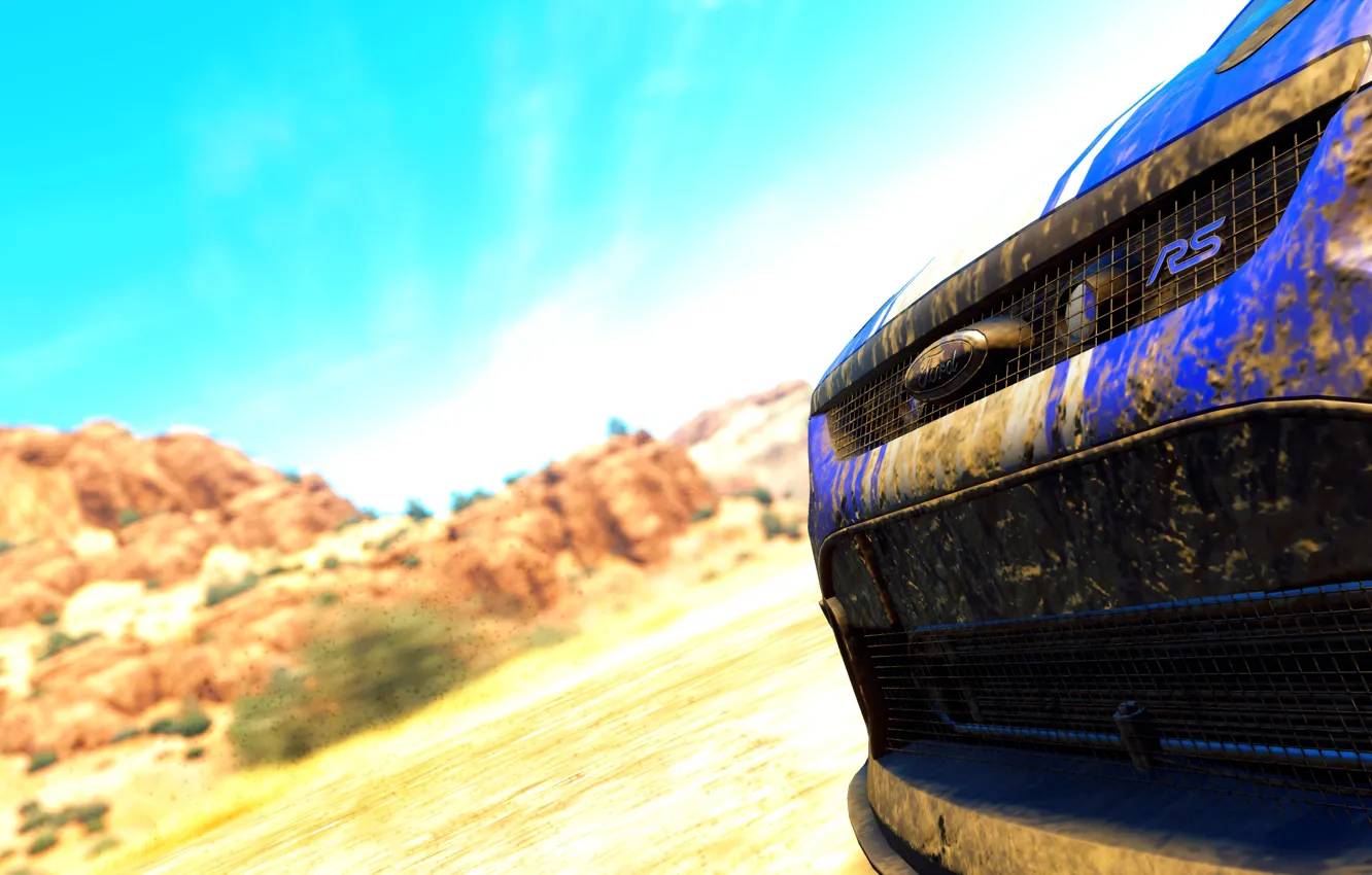 Photo wallpaper car, game, ford, the crew, focus rs, deserto, azul, dirt