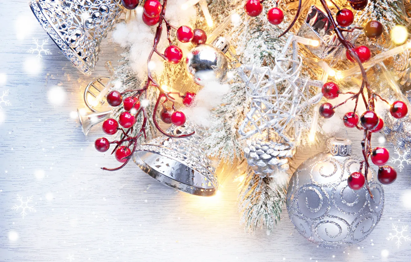 Photo wallpaper berries, holiday, balls, toy, new year, beads, bells, fir-tree branches