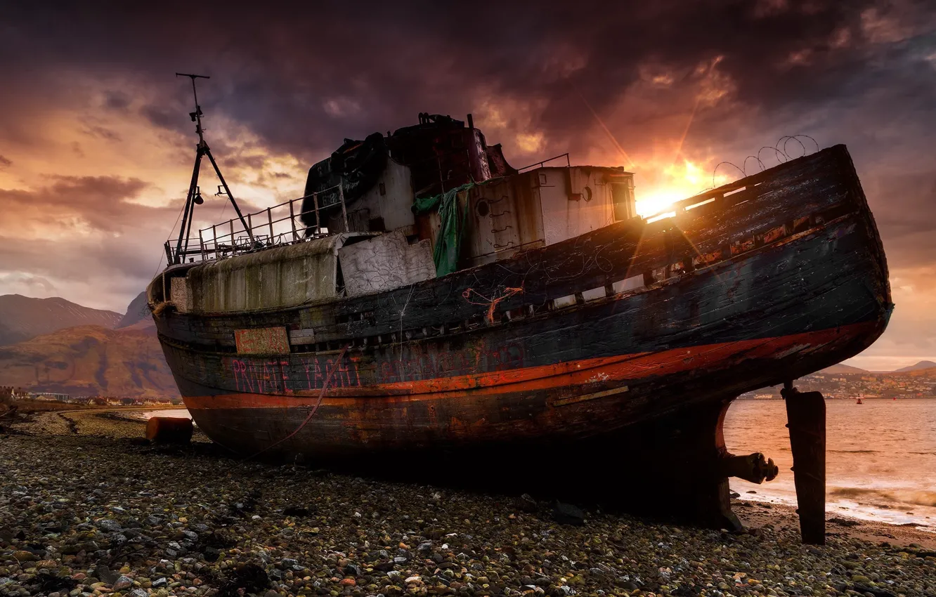 Photo wallpaper landscape, sunset, ship