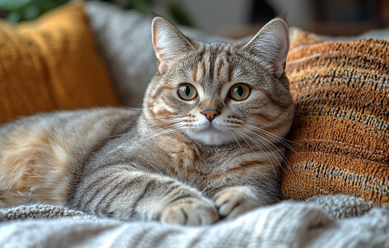 Photo wallpaper cat, cat, look, grey, pillow, bed, lies, kitty