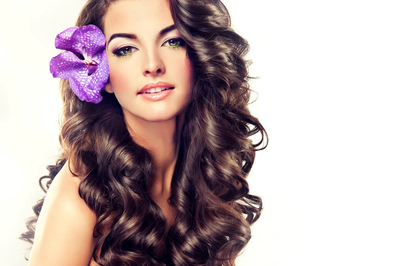 Photo wallpaper flower, look, face, background, model, hair, makeup, lips