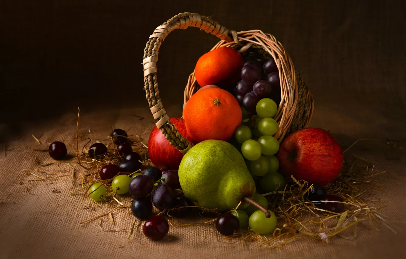 Photo wallpaper the dark background, apples, food, grapes, fruit, still life, basket, pear