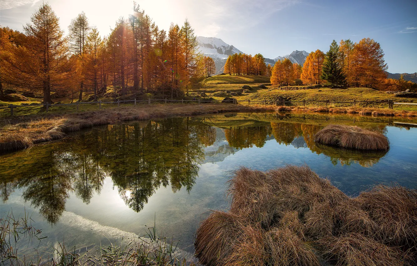 Photo wallpaper autumn, light, mountains, nature, pond, reflection