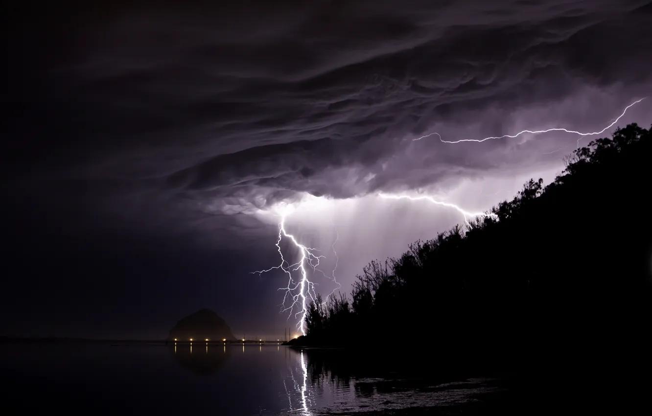 Photo wallpaper the storm, beach, mountains, nature, the dark background, overcast, lightning, the evening