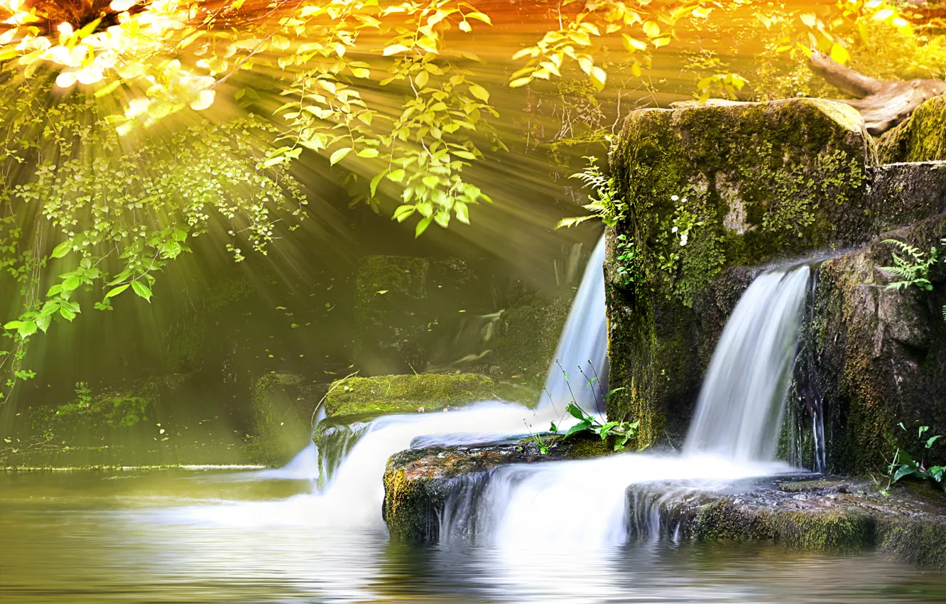 Photo wallpaper nature, waterfall, the sun's rays