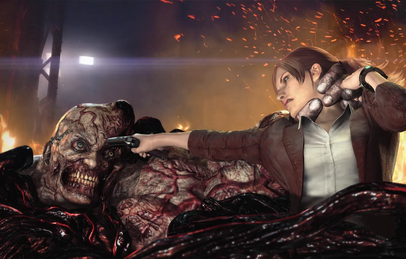 Photo wallpaper girl, lights, gun, monster, battle, capture, fight, mutant