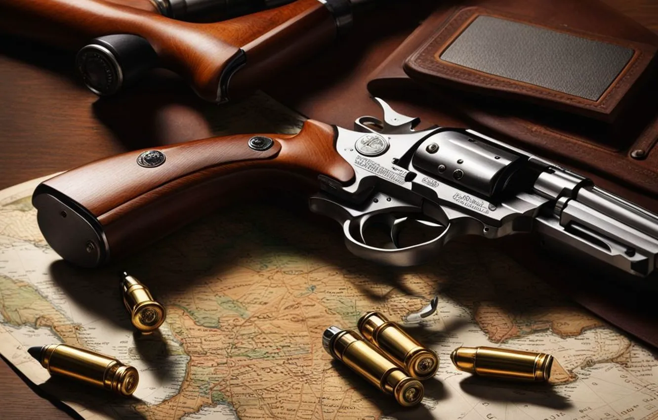 Photo wallpaper weapons, map, cartridges, revolver