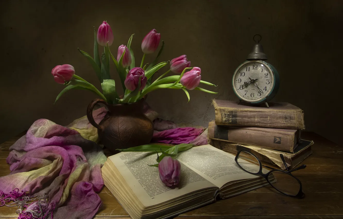 Photo wallpaper flowers, watch, scarf, alarm clock, glasses, tulips, fabric, book