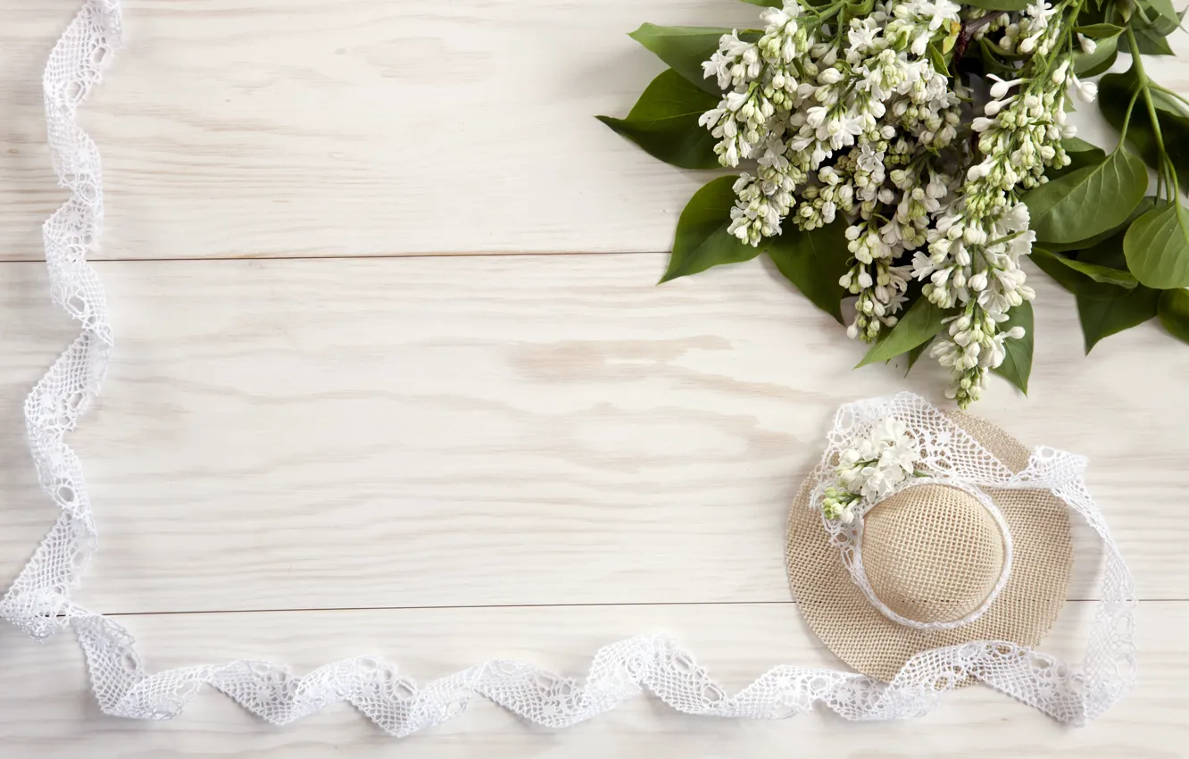 Photo wallpaper flowers, hat, white, white, lace, wood, flowers, spring
