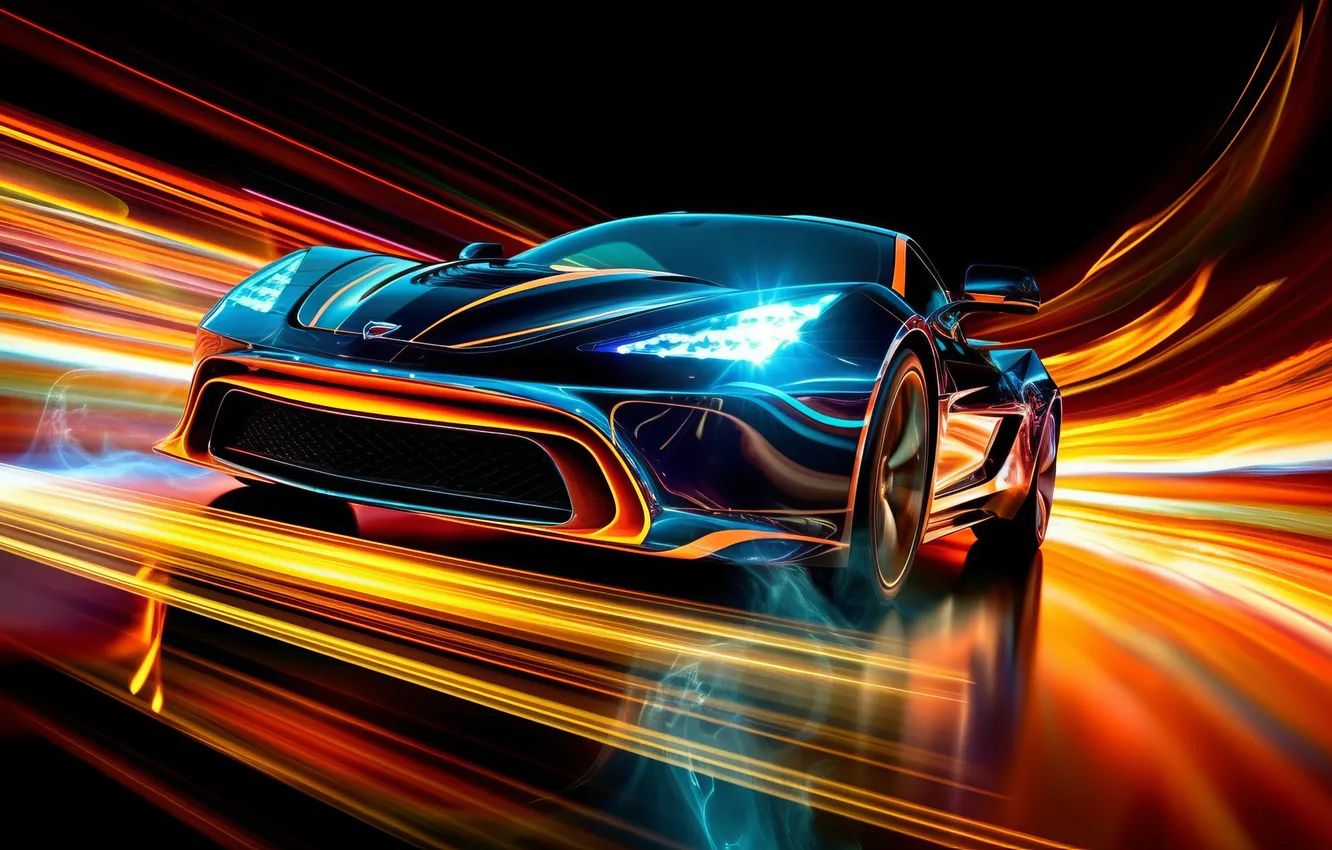 Photo wallpaper car, reflection, driving, sports car, headlights, AI art, front angle view
