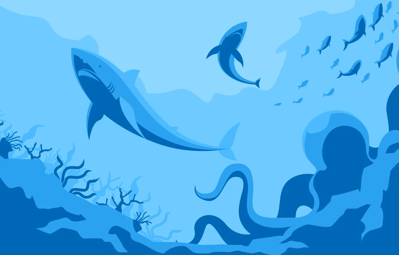 Photo wallpaper water, algae, the bottom, fish, shark, octopus, tentacles, sea