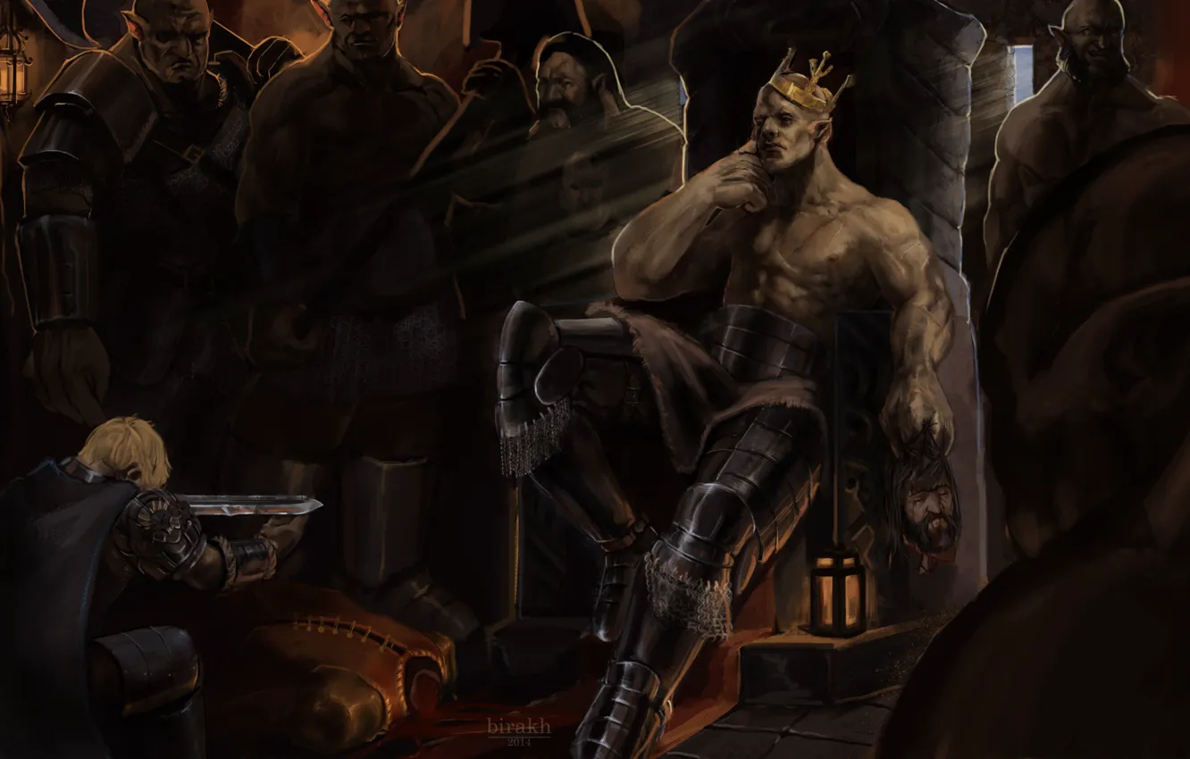 Photo wallpaper sword, head, armor, crown, art, guy, corpses, the throne