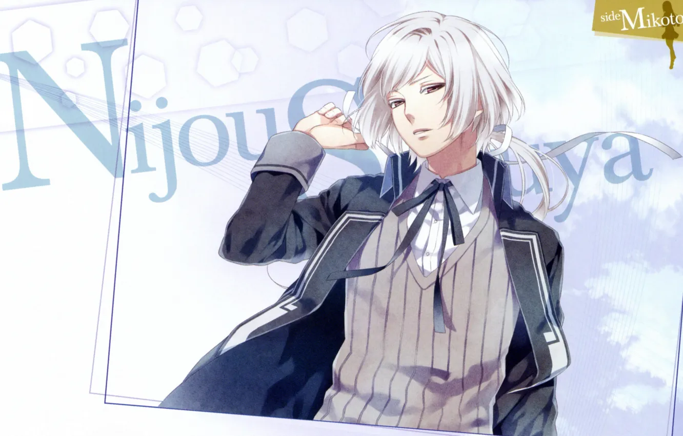 Photo wallpaper guy, school uniform, white hair, vest, blonde, vest, nijou sakuya, NORN9