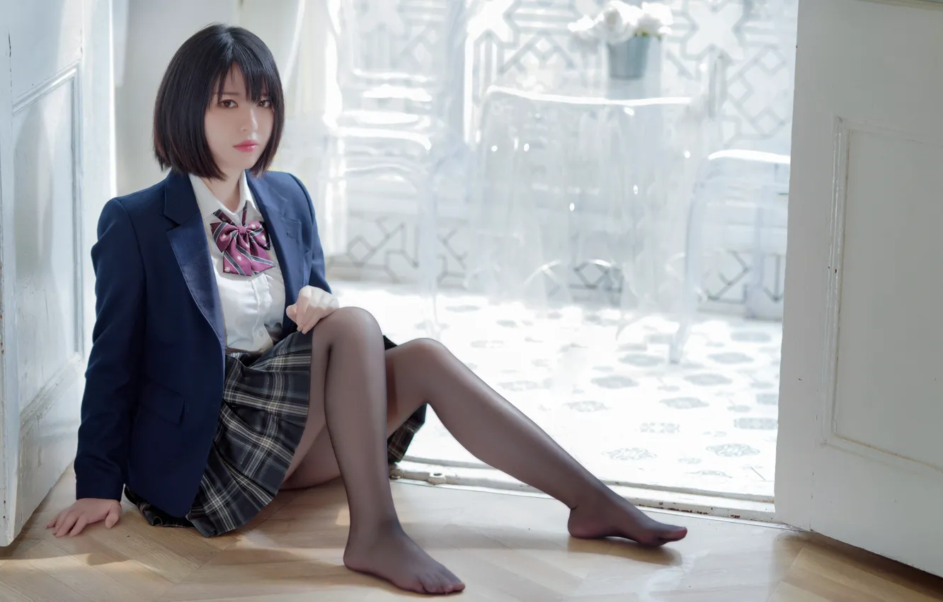 Photo wallpaper look, brunette, Asian, uniform, brunette, look, asian, cute girl