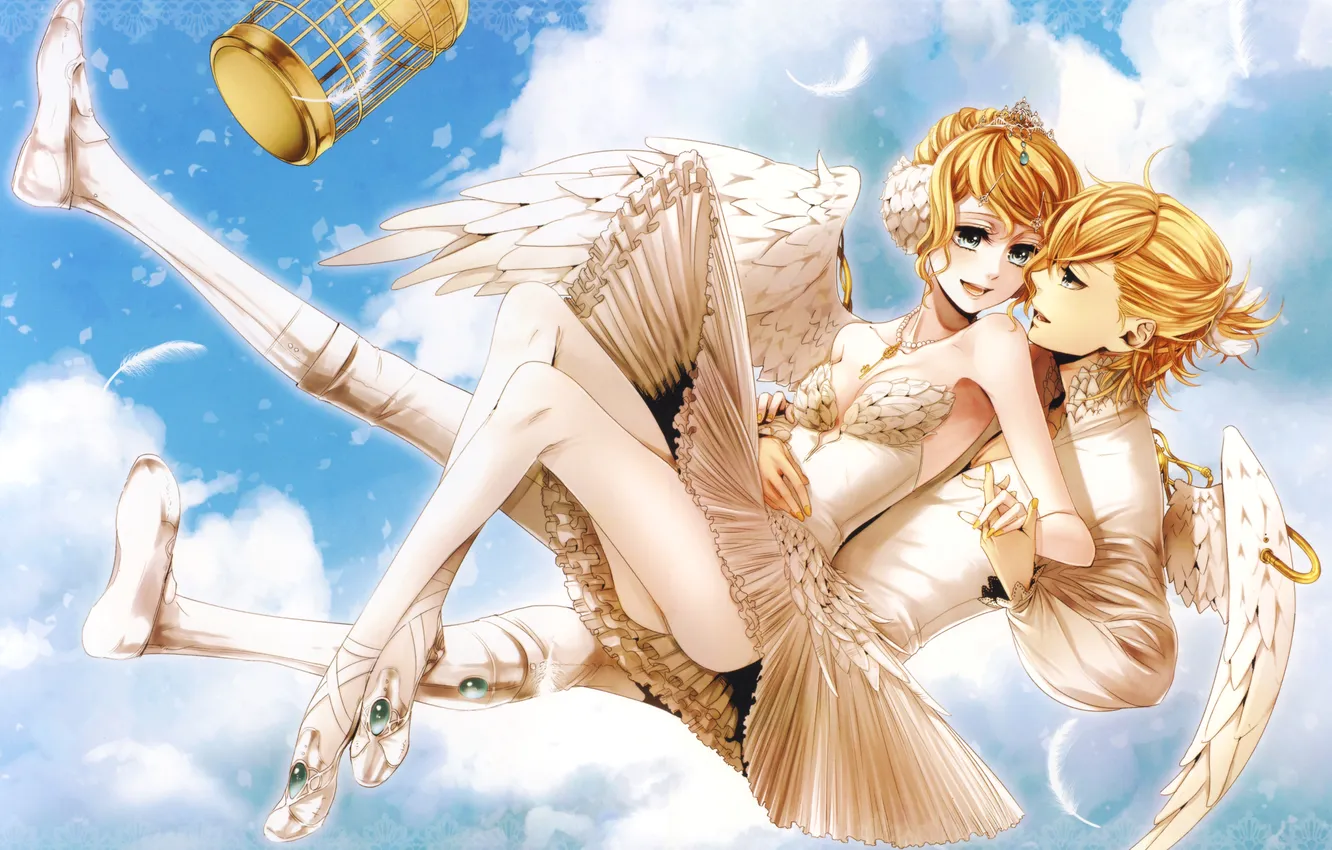 Photo wallpaper the sky, girl, clouds, wings, cell, anime, feathers, art