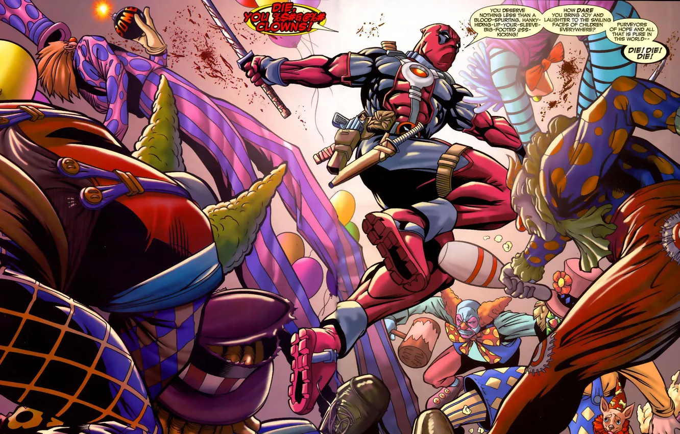 Photo wallpaper weapons, blood, shot, clown, battle, gun, Heroes, Deadpool