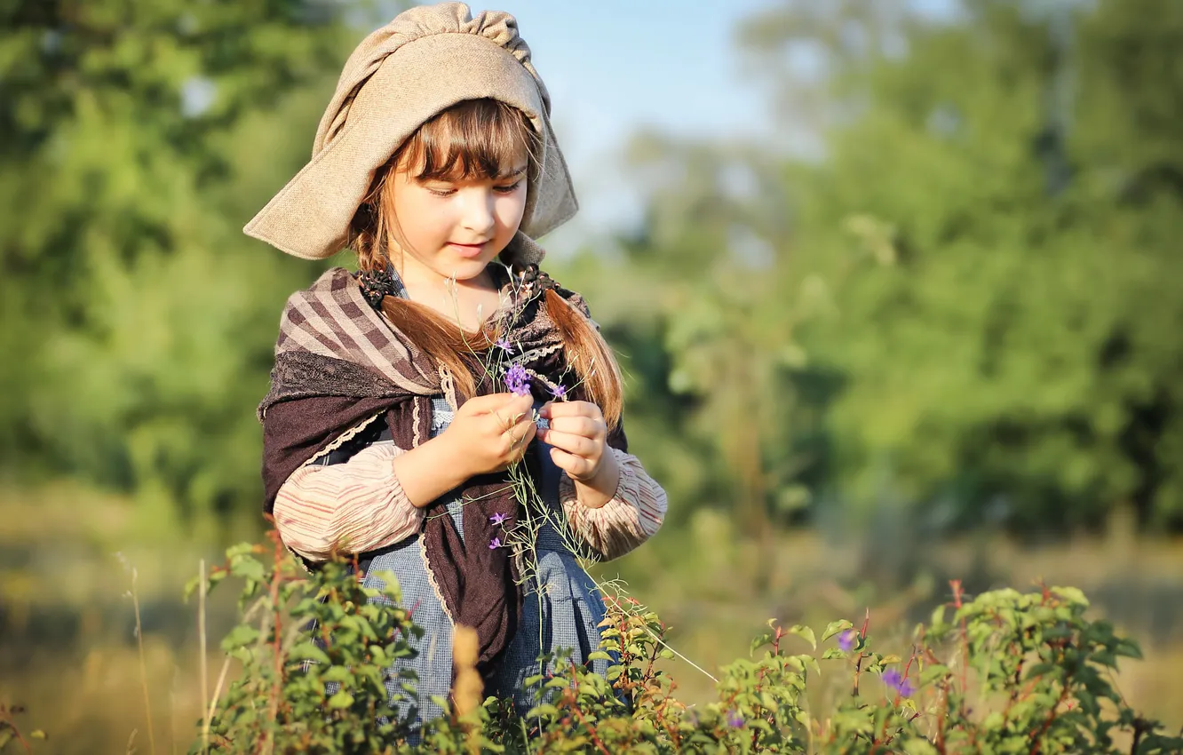Photo wallpaper summer, flowers, nature, children, girl, braids