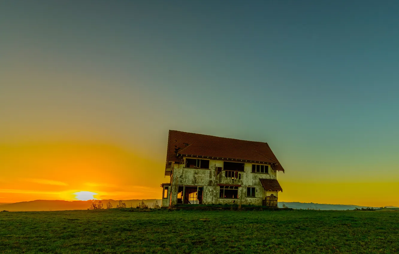 Photo wallpaper field, the sky, grass, sunset, house, horizon, devastation, farm
