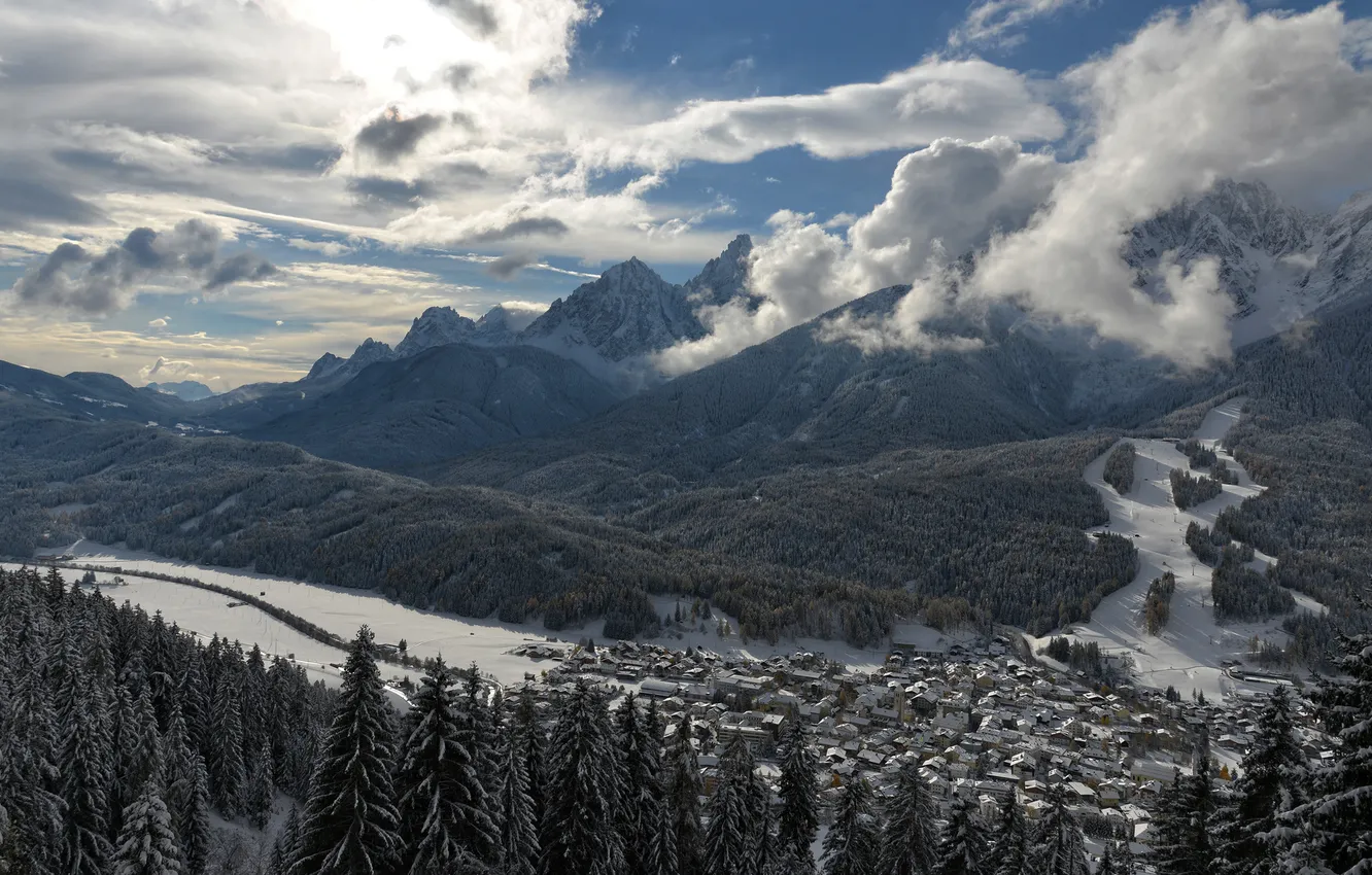 Photo wallpaper forest, clouds, mountains, nature, river, Italy, South Tyrol, Near Innichen