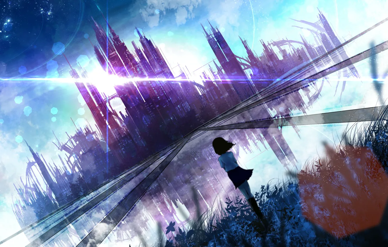 Photo wallpaper the sky, water, girl, the city, fantasy