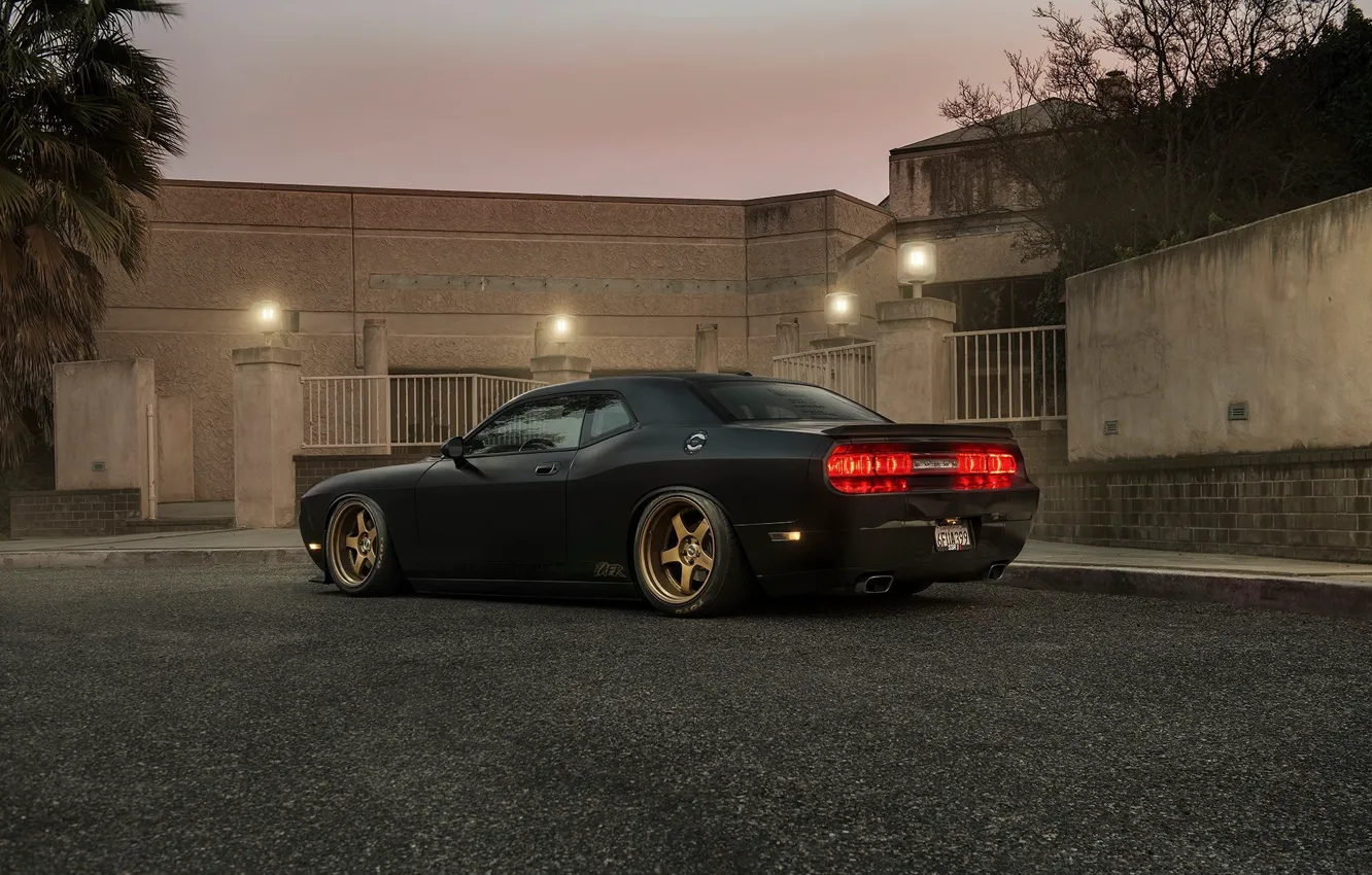 Photo wallpaper Muscle, Dodge, Challenger, Car, Black, Tuning, R/T, Wheels, Rear, Ligth