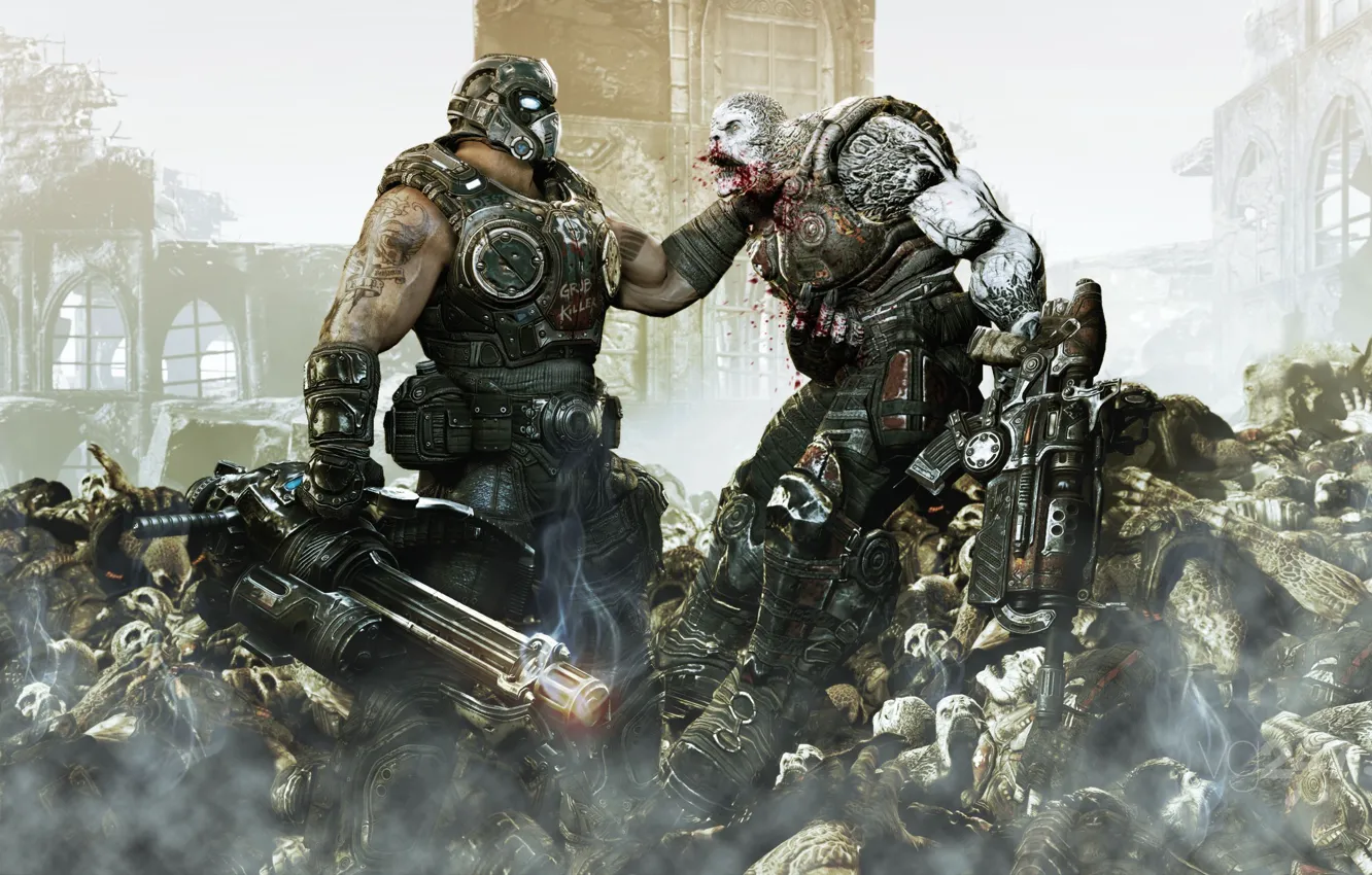 Photo wallpaper the battle, corpses, killer, Gears of War 3