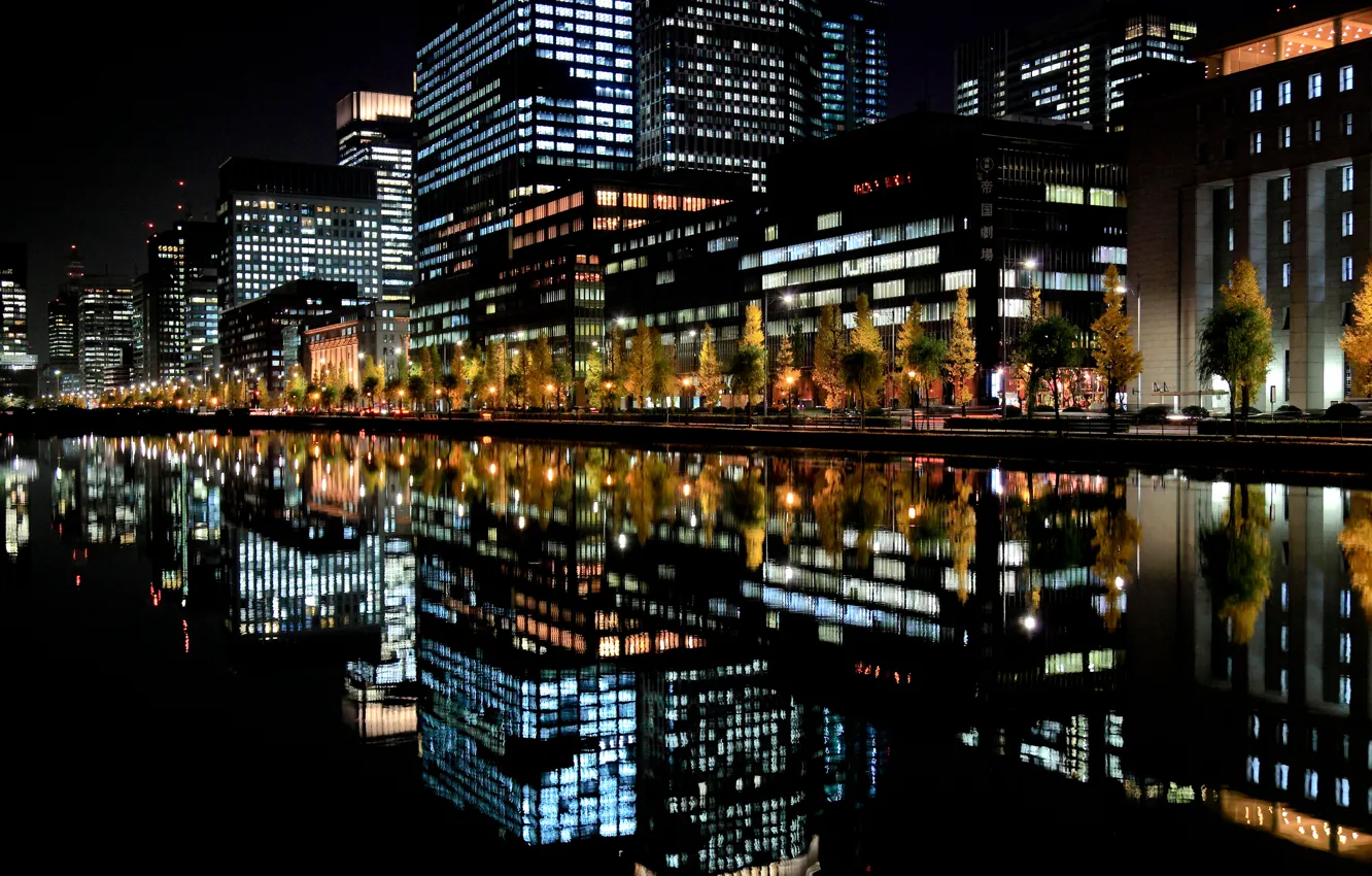 Photo wallpaper night, the city, lights, reflection, Japan