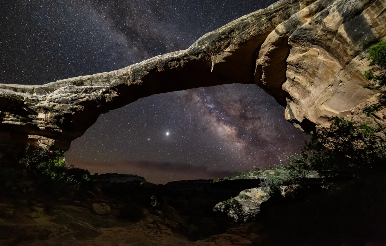 Photo wallpaper space, stars, mountains, night, darkness, stones, rocks, vegetation