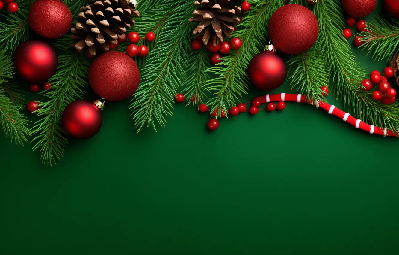 Photo wallpaper balls, branches, red, new year, Christmas, needles, bumps, green background