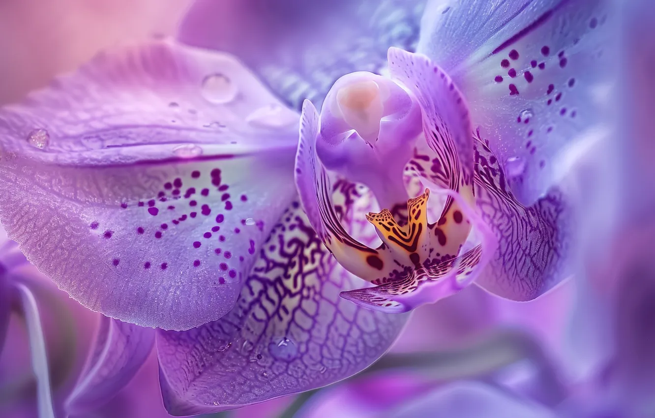 Photo wallpaper drops, macro, flowers, Orchid, lilac, bokeh, speck, AI art
