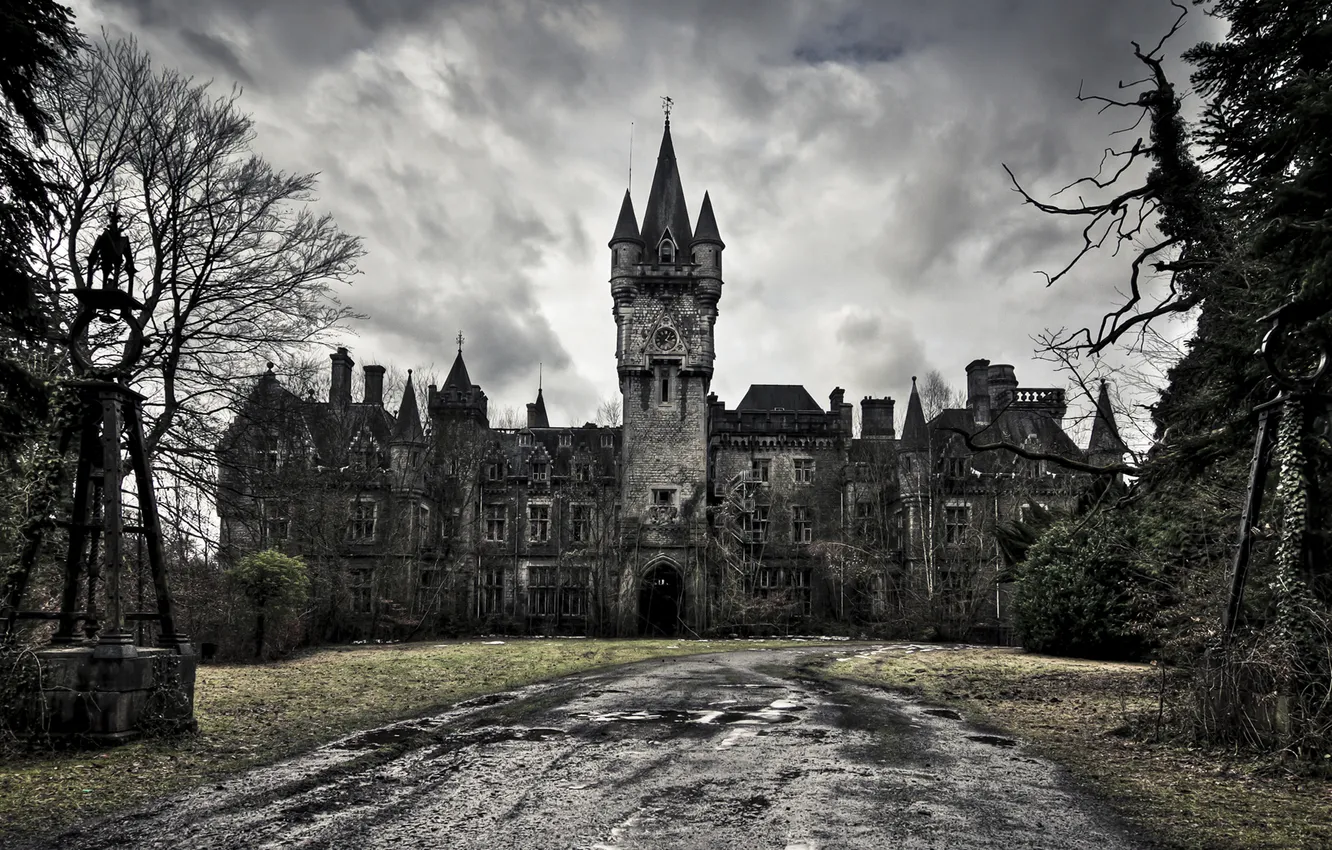 Photo wallpaper road, trees, castle, antiquity, spire, History