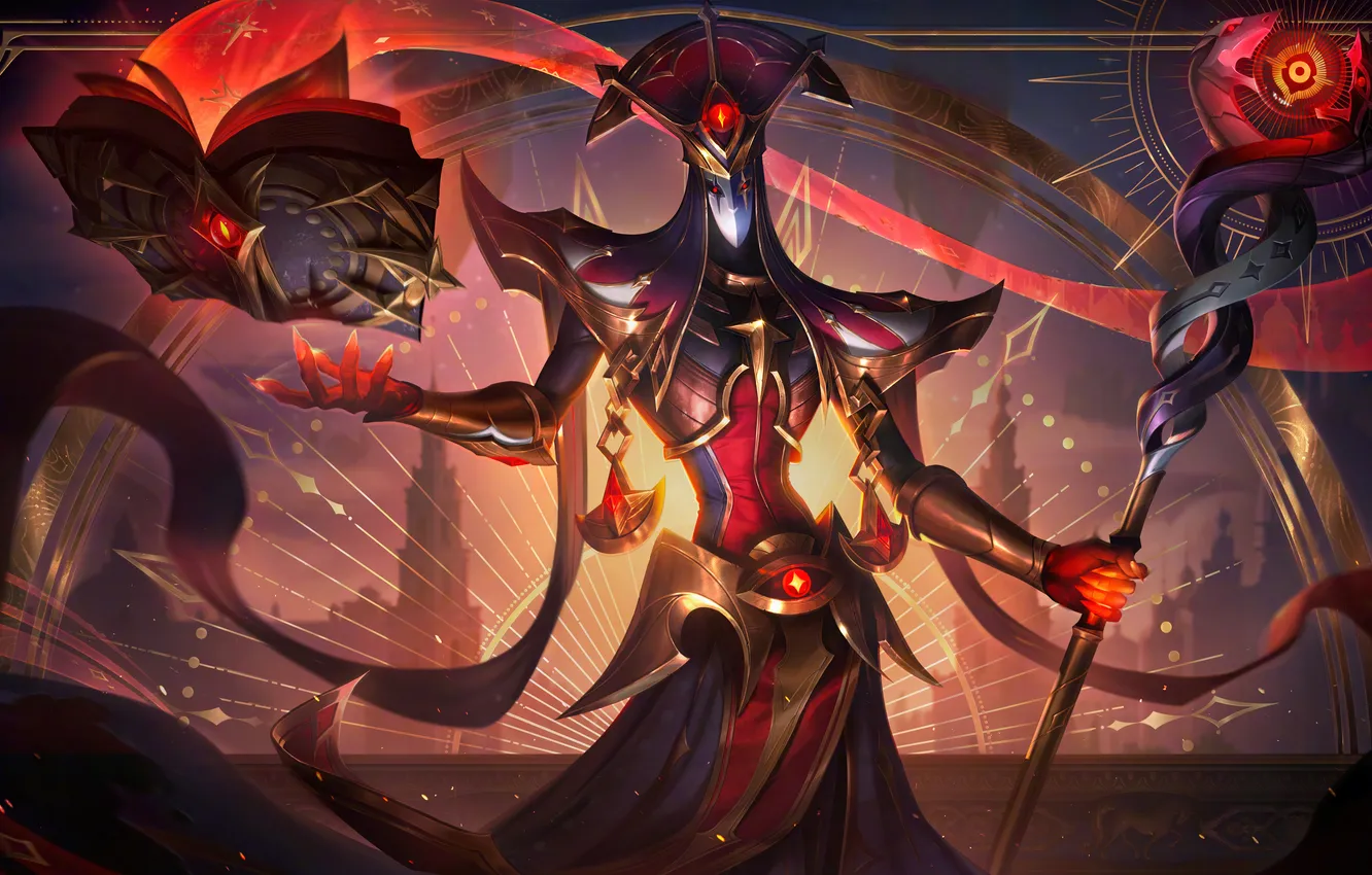 Photo wallpaper magic, mask, book, staff, game, gesture, characters, League of Legends