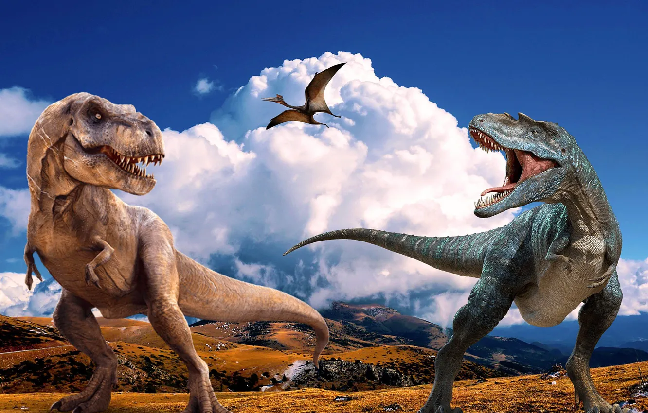 Photo wallpaper clouds, mountains, animal, dinosaur, predator, two, Raptor, T-Rex