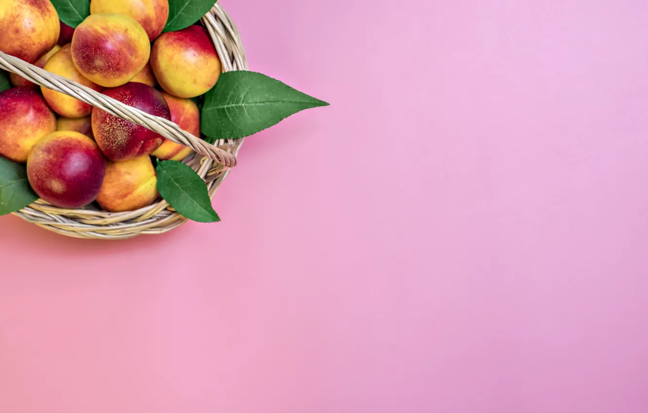 Photo wallpaper leaves, background, basket, nectarine