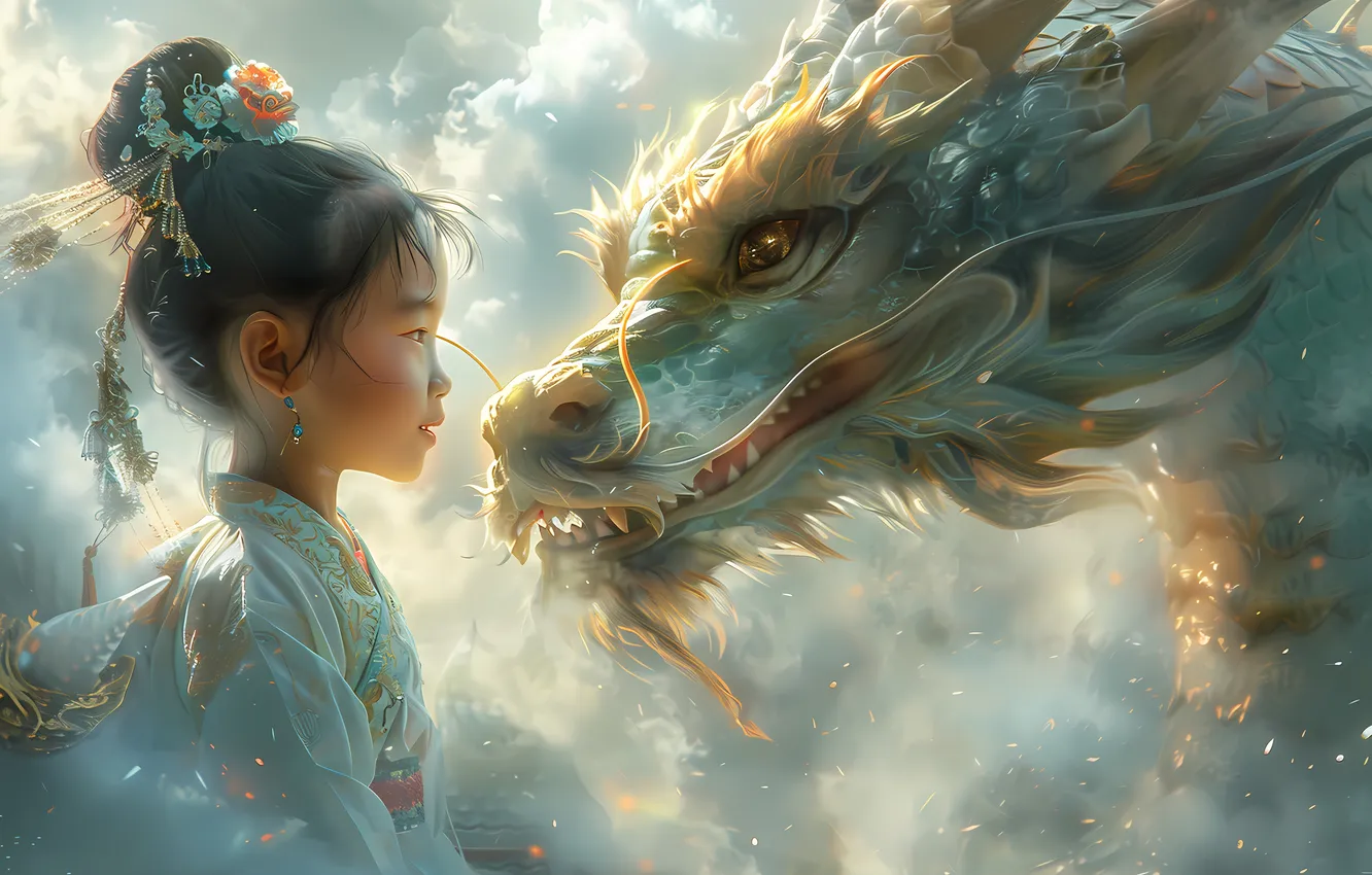 Photo wallpaper face, clouds, light, pose, dragon, fantasy, girl, Asian