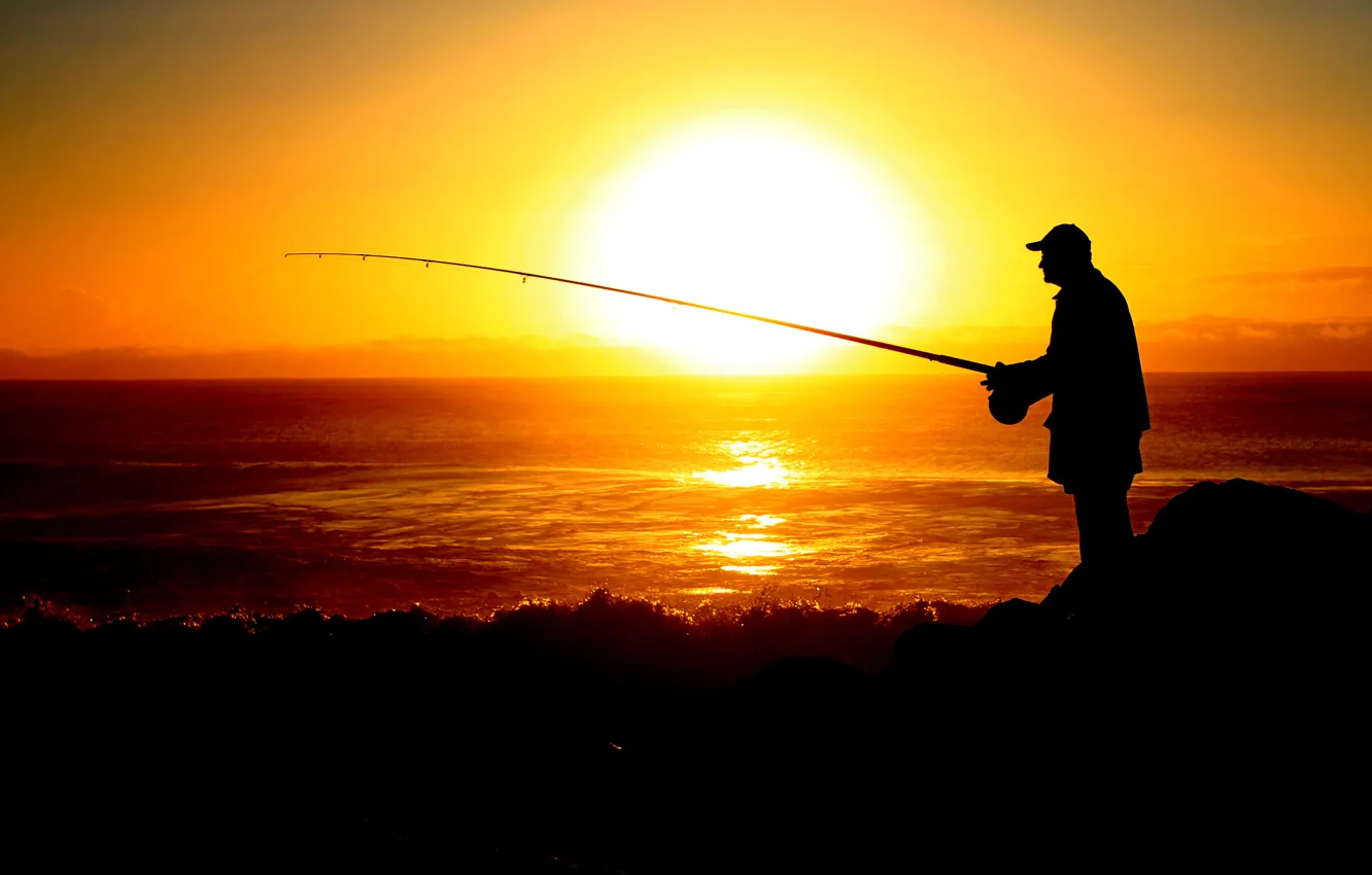 Photo wallpaper sea, the sky, the sun, sunset, fisherman, silhouette, rod