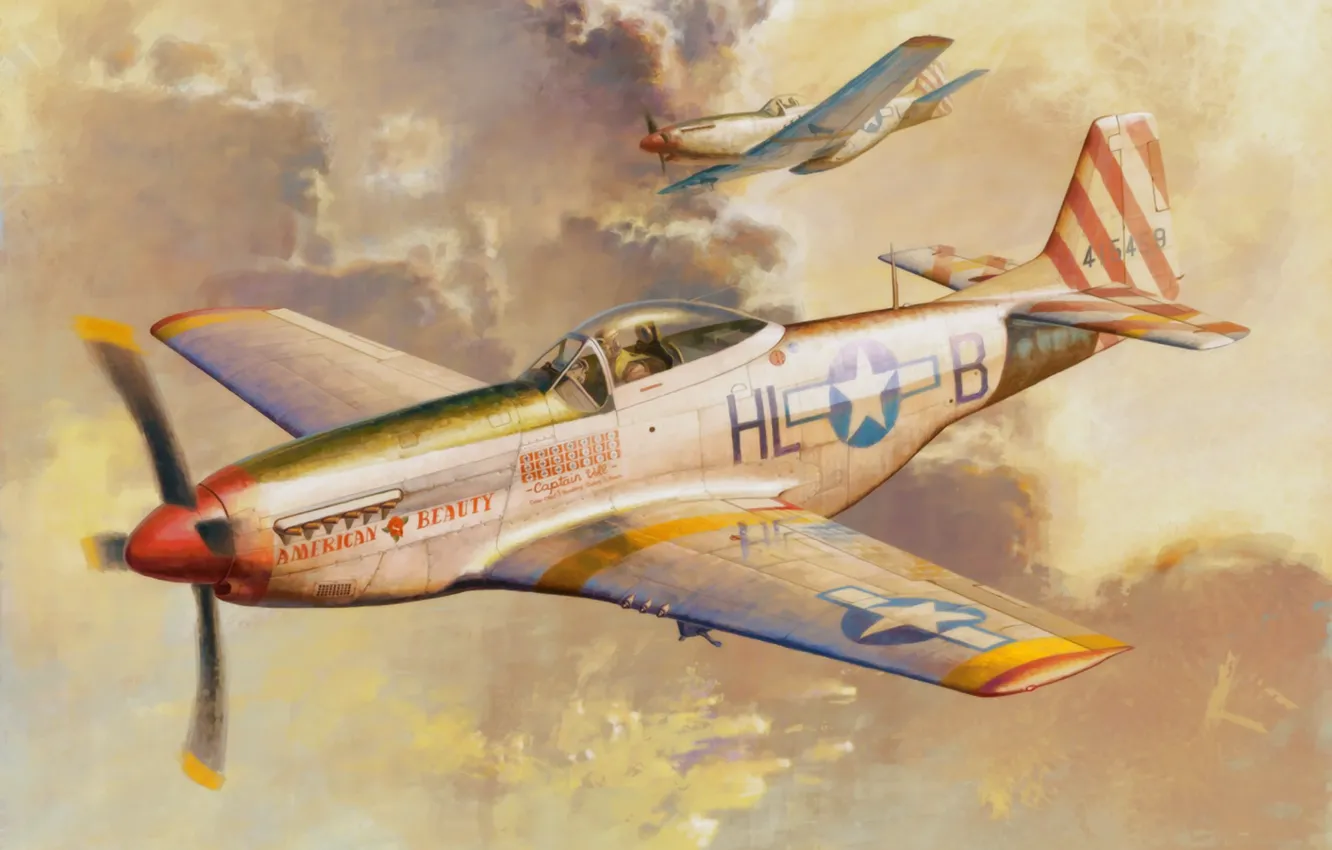 Photo wallpaper fighter, war, art, painting, aviation, P-51D Mustang, ww2