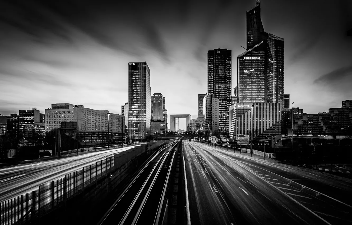 Photo wallpaper road, movement, Paris, skyscrapers, black and white, architecture