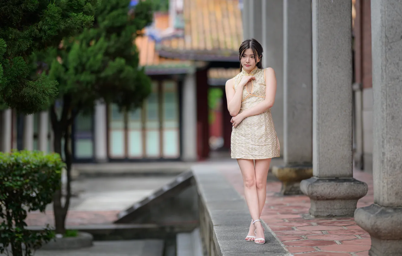 Photo wallpaper girl, pose, feet, dress, Asian