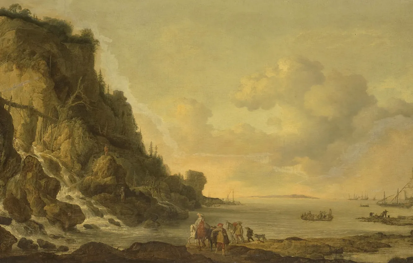 Photo wallpaper landscape, oil, picture, canvas, Simon de Vlieger, Simon de Vlieger, 1653, Rocky coast