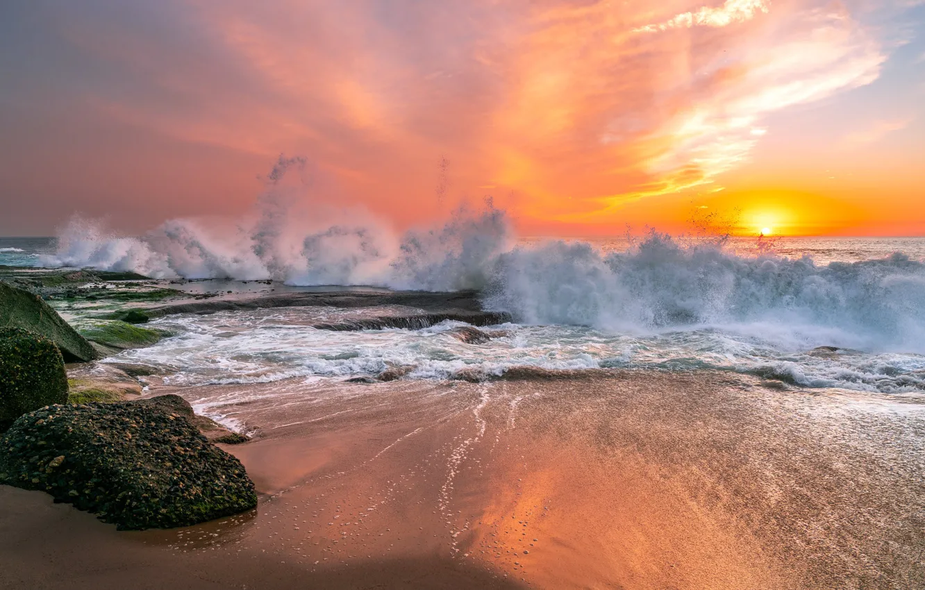 Photo wallpaper sand, sea, beach, the sky, the sun, clouds, squirt, stones