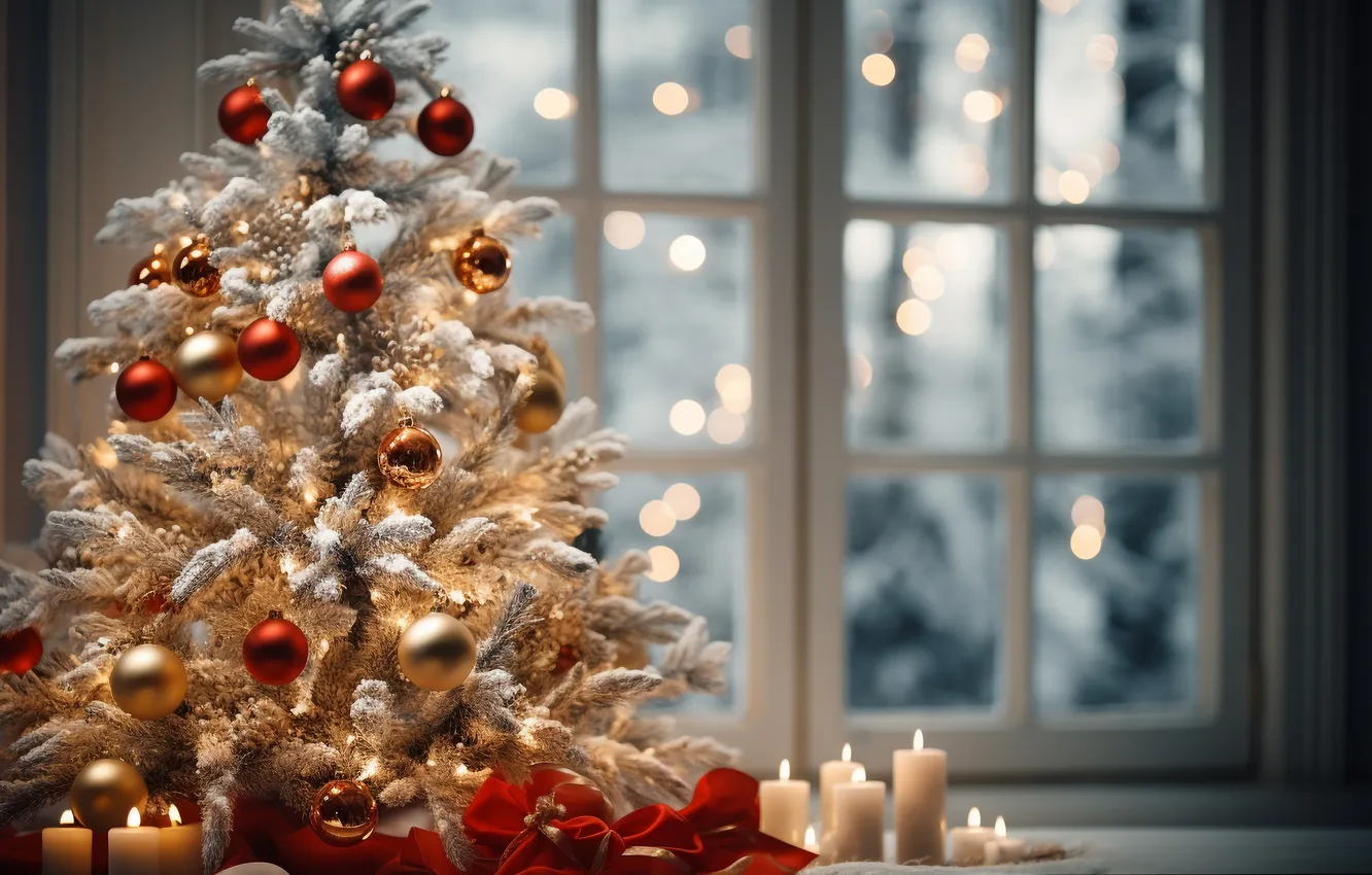 Photo wallpaper decoration, room, gift, balls, tree, new year, interior, Christmas