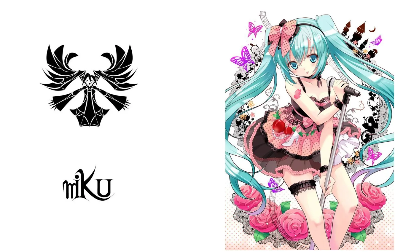 Photo wallpaper butterfly, roses, white background, microphone, vocaloid, bow, Hatsune Miku, lace