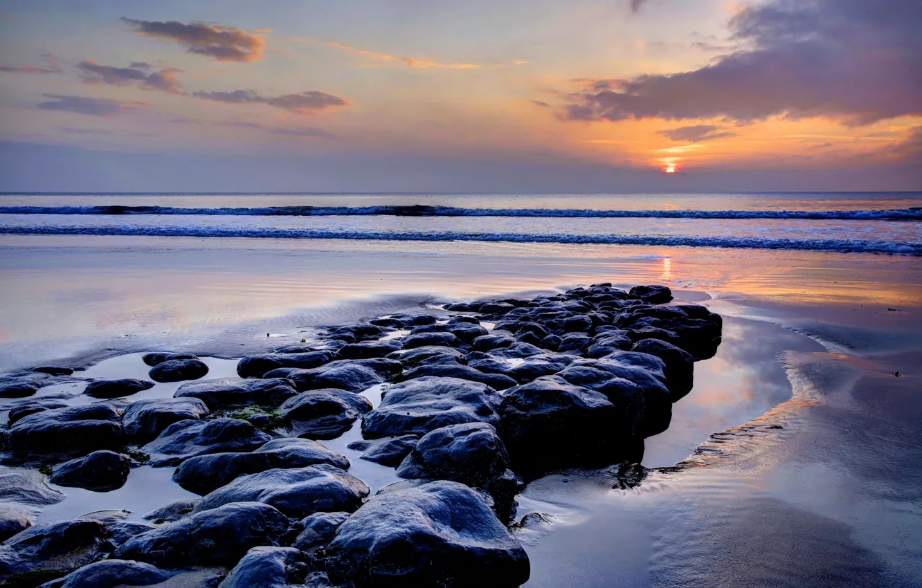 Photo wallpaper sea, sunset, stones, coast, Wales, Wales