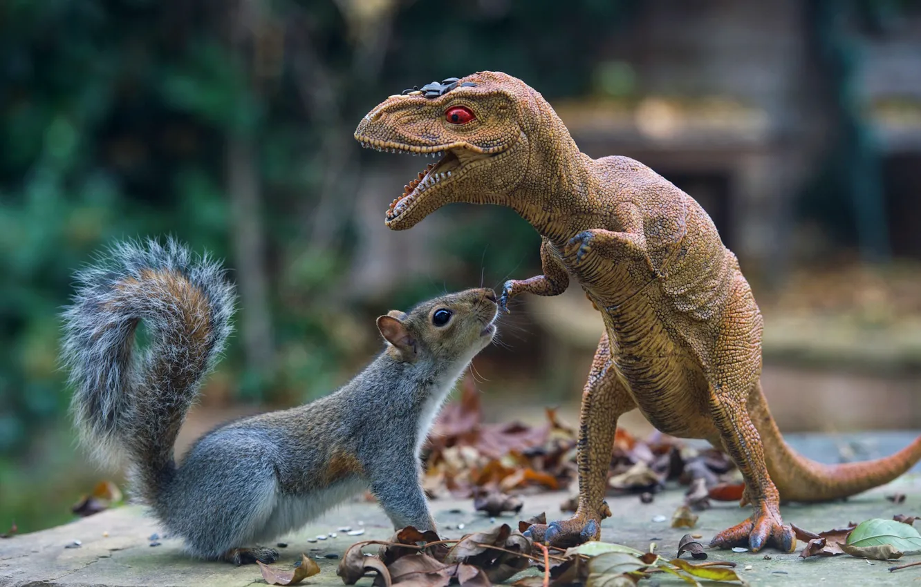 Photo wallpaper look, face, leaves, nature, pose, background, toy, dinosaur