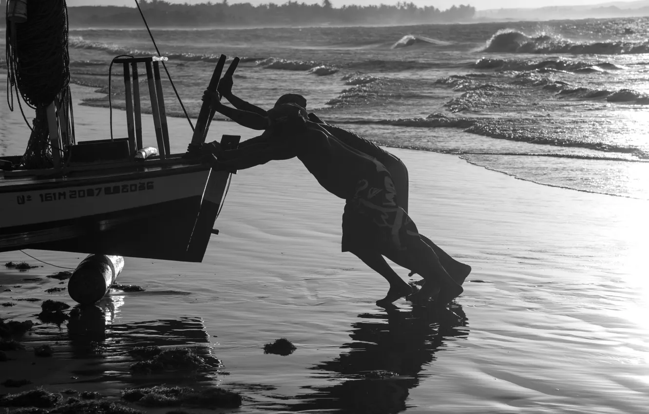 Photo wallpaper waves, beach, boat, black &amp; white, fishman